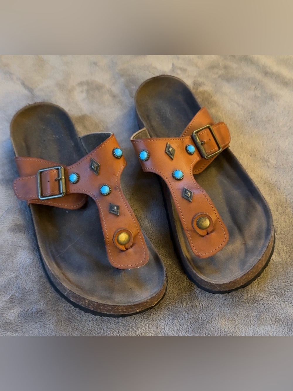 Brown Faux Leather Women’s Studded Toe-Post Sandals with Turquoise Accents